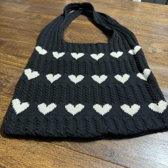 Black Cable Knit Tote Bag Purse w Cream Hearts Fall Season - Picture 3 of 8